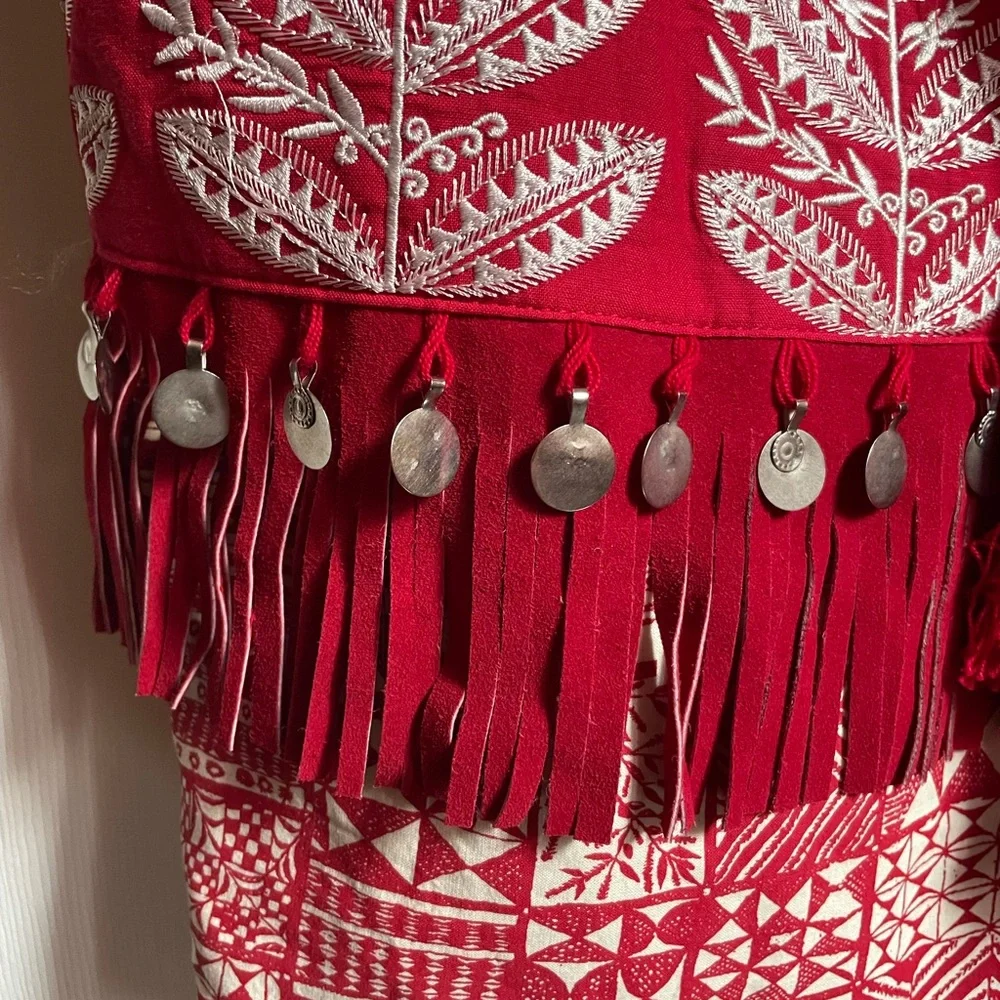 Boho Red Cotton Enbroidered Bag with Coin Detailing - Picture 3 of 6
